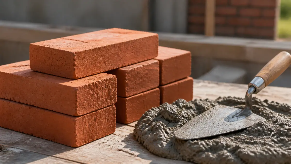 Stacked red bricks in the 210 x 100 x 50 mm Waal format beside a trowel and fresh mortar