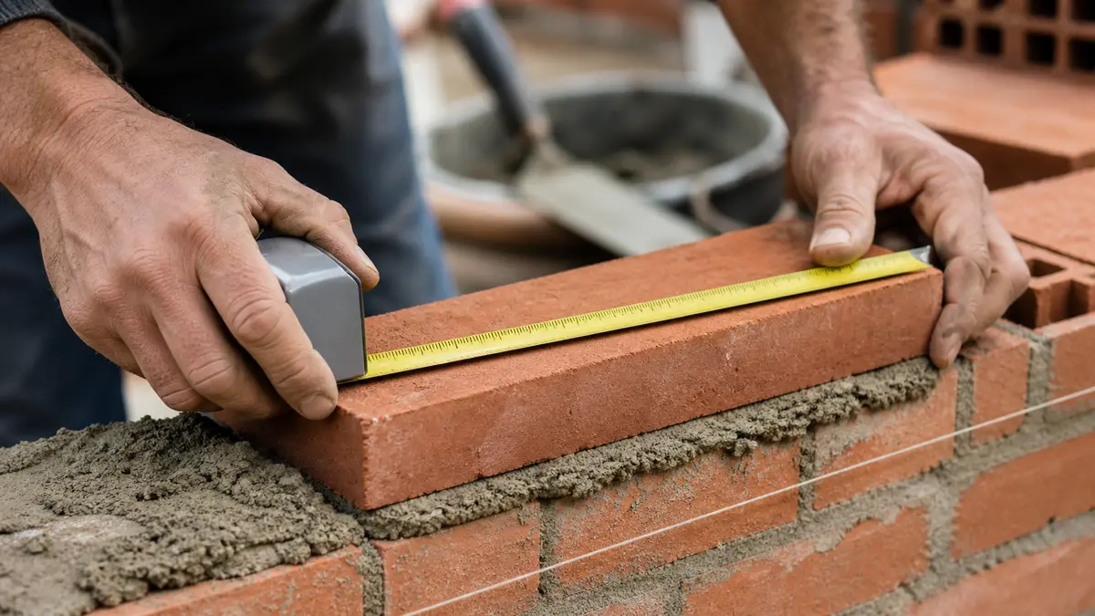 A mason laying a brick wall course by course, measuring a Waal-size brick with a tape measure
