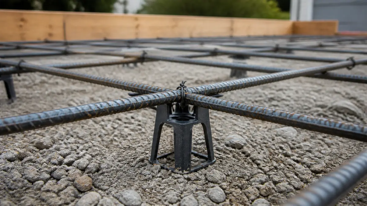 Close-up of rebar chairs holding a steel grid off the ground in a driveway form