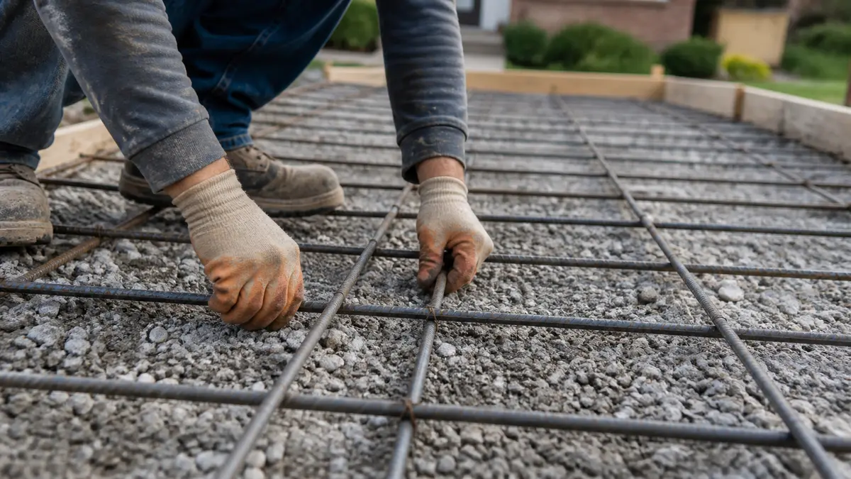 Worker laying #3 rebar grid over gravel base before a concrete driveway pour