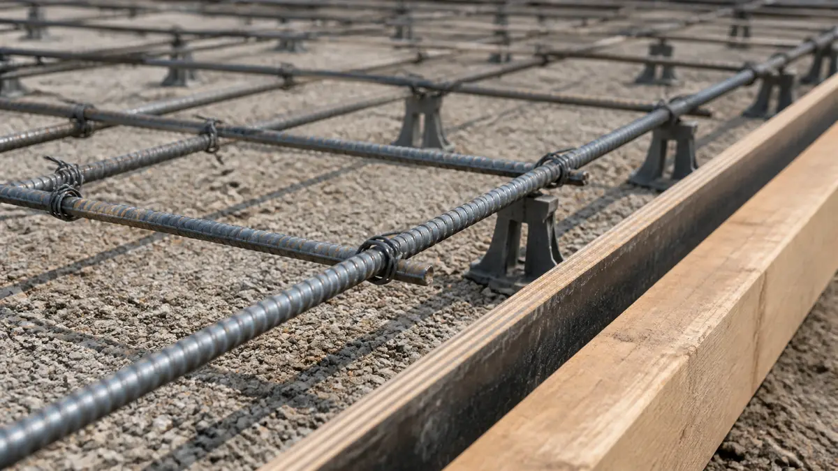 Close-up of tied rebar spaced on chairs at a slab edge above compacted gravel