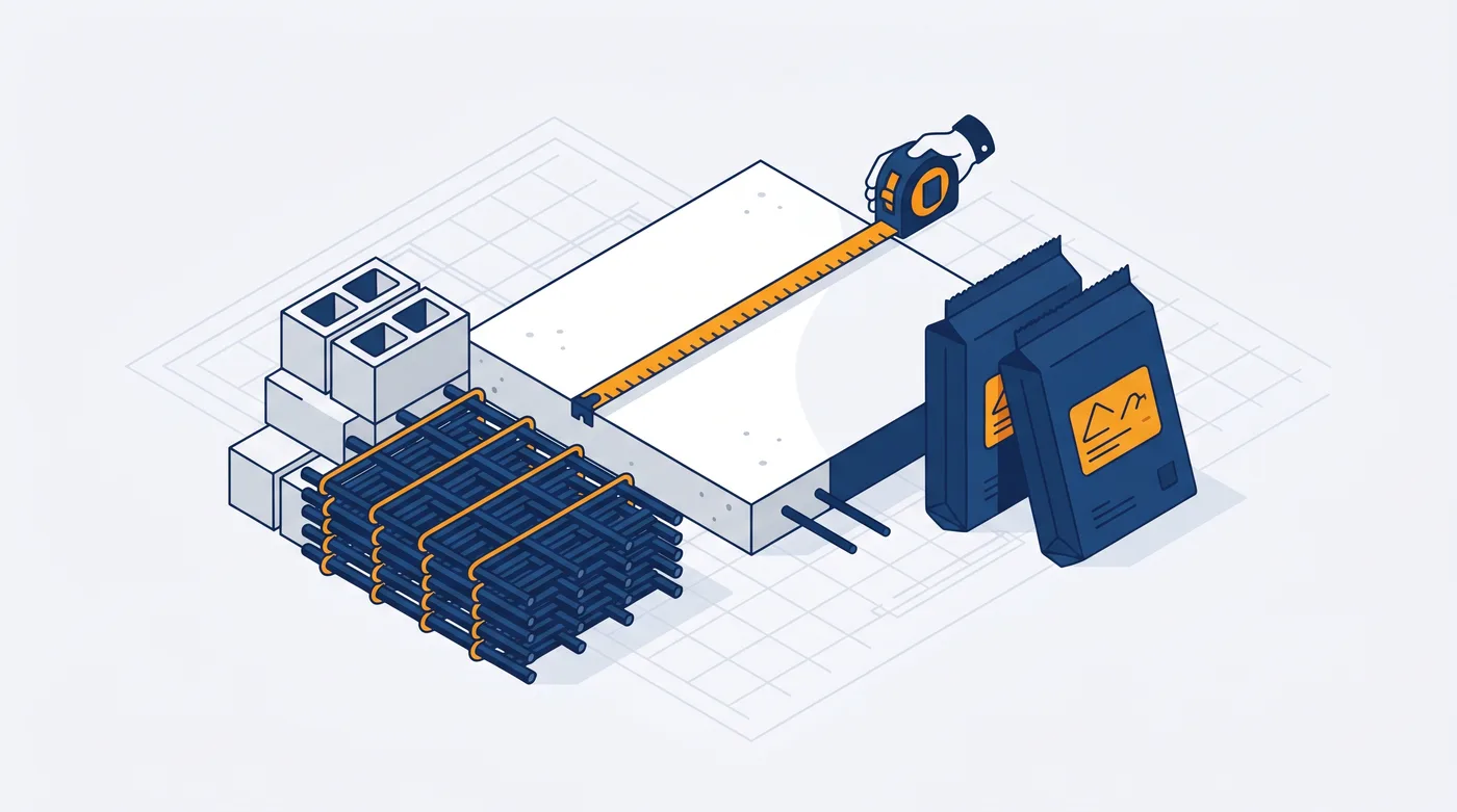 Construction estimating illustration: a concrete slab measured with a tape measure, a rebar grid, concrete blocks and cement bags
